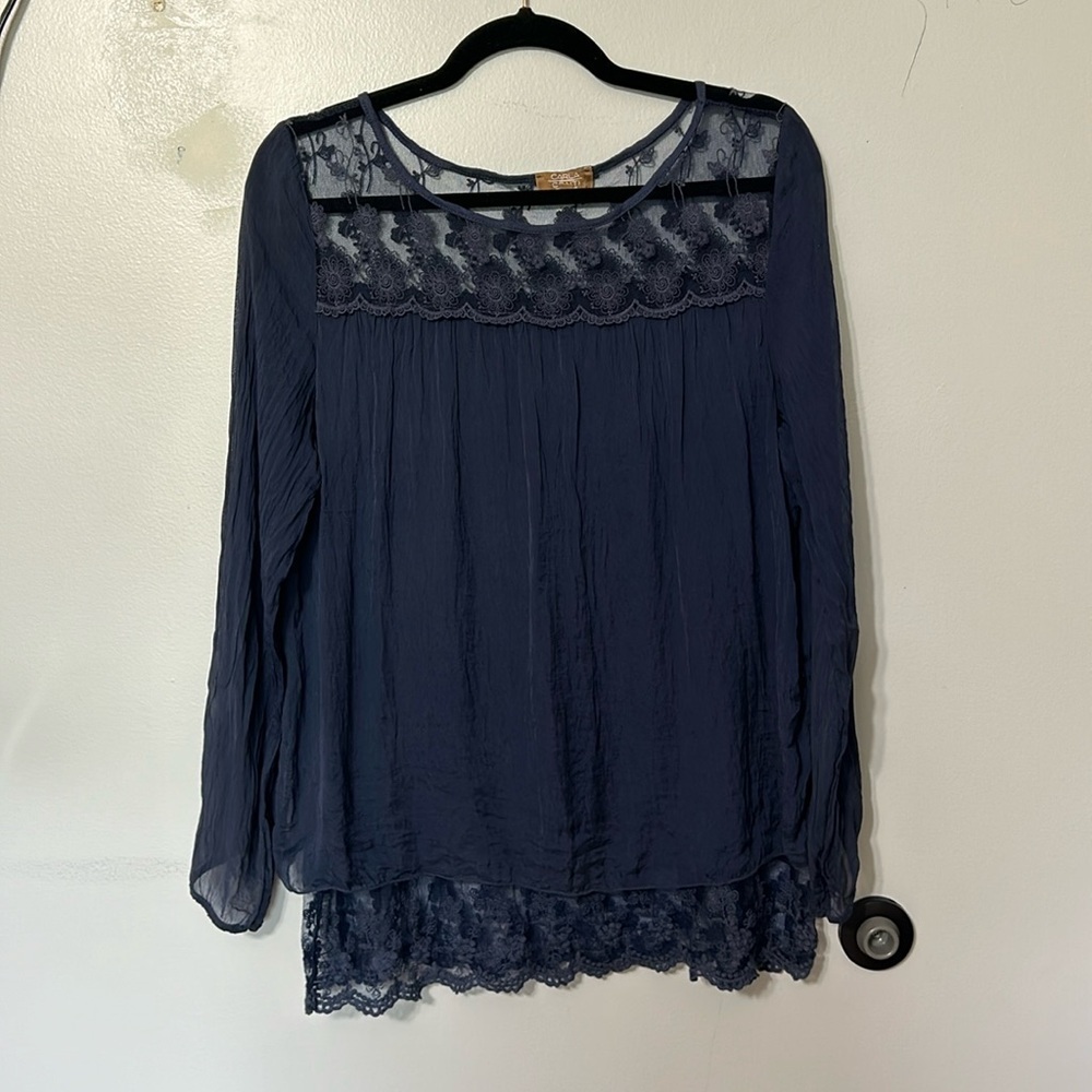 Carla Conti 100% Silk and Lace Navy Blue Blouse Size Small